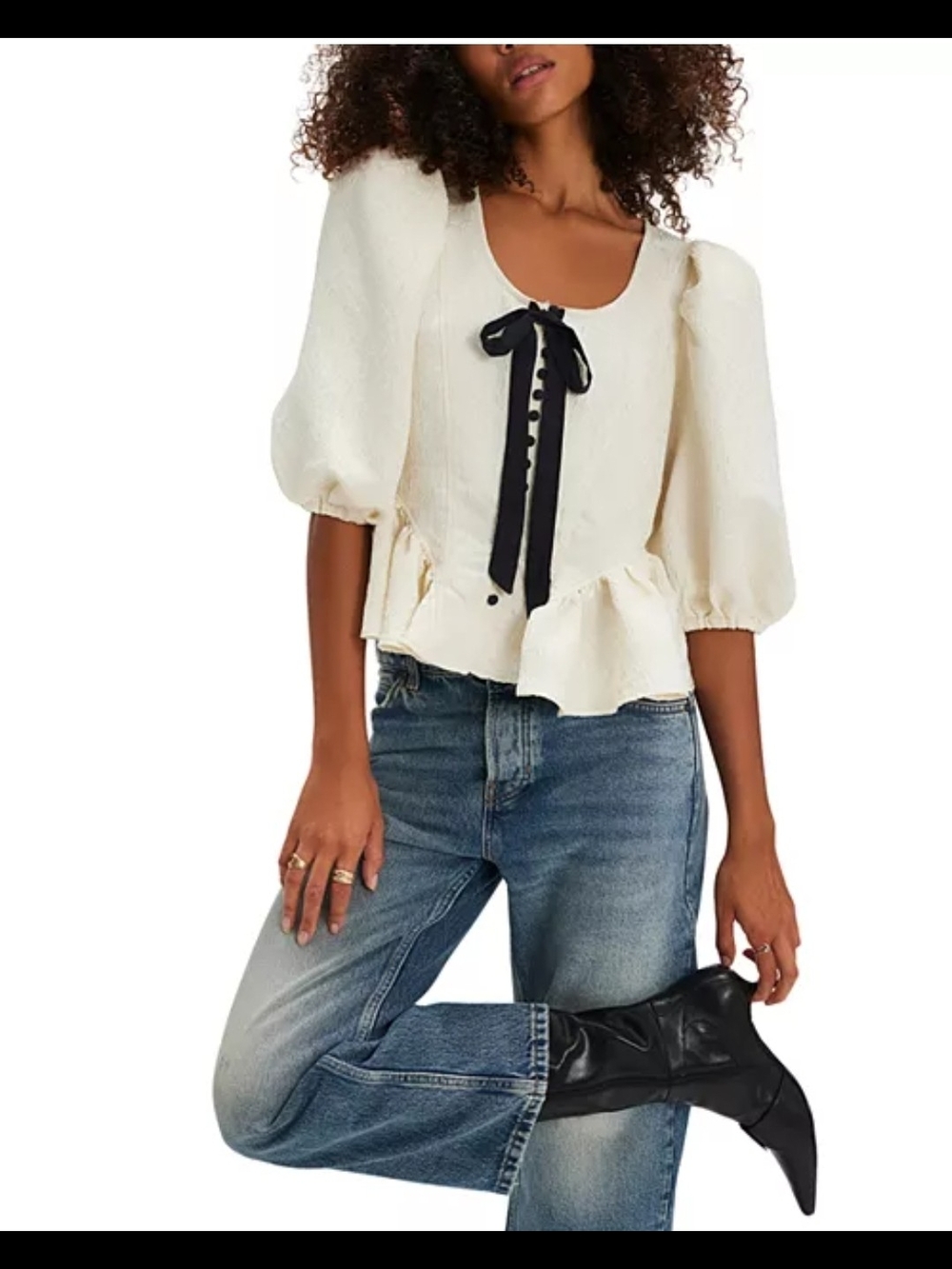 Free People NWT Pamela Bow Top Ivory White Alyssum Puff Sleeve Blouse Size L - Picture 2 of 5